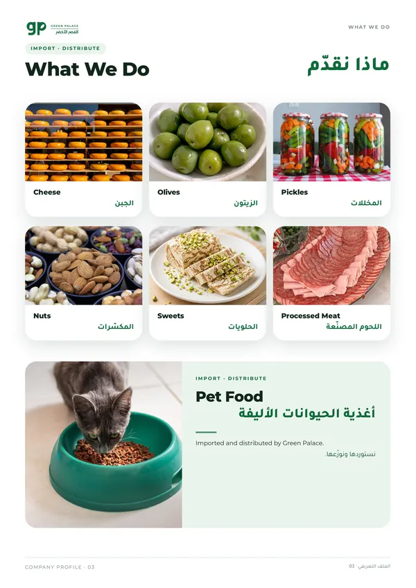 What We Do page with six product categories and a pet-food feature