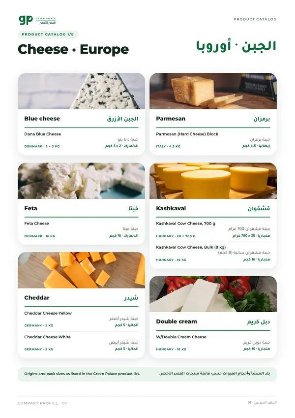 A European cheese catalogue page with names, origins and pack sizes