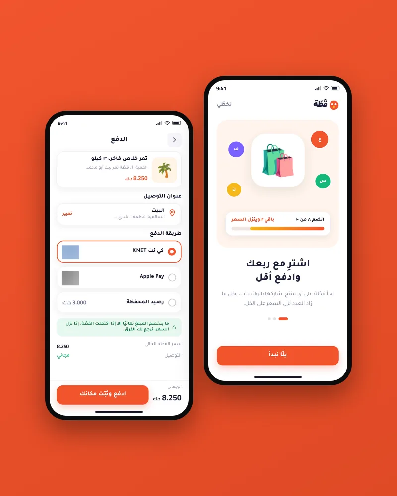 شاشة التعريف بفكرة القطّة، وشاشة الدفع بطرق الدفع