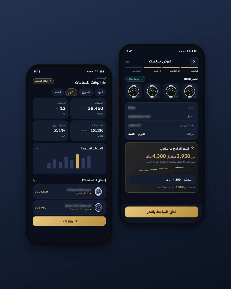 إضافة ساعة جديدة بالصور والتفاصيل والسعر المقترح، ولوحة التاجر بالمبيعات والإعلانات
