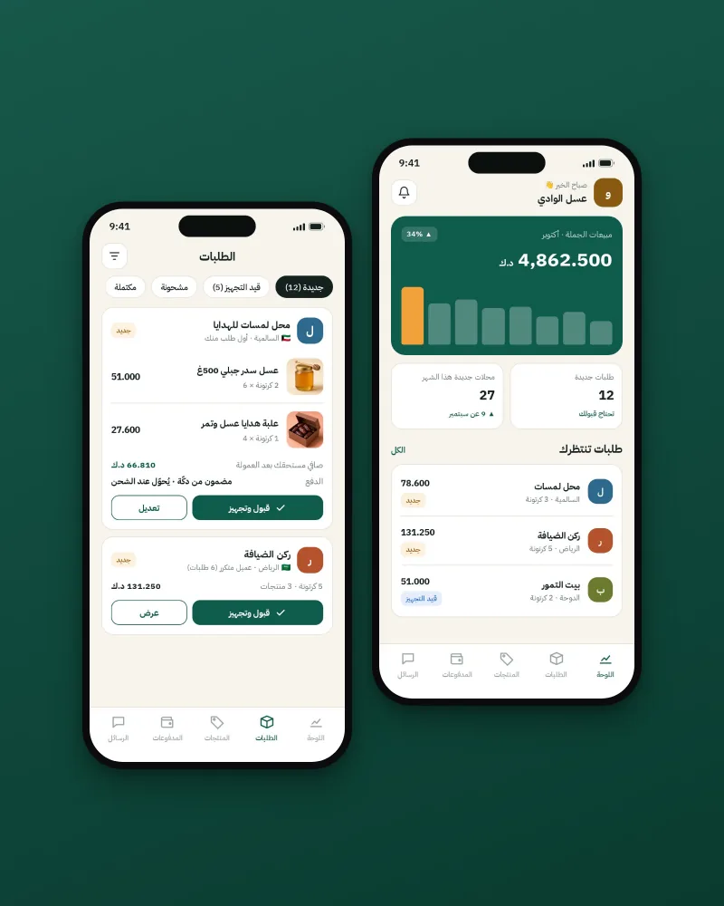 The brand dashboard with sales and waiting orders, and new orders with accepting and preparing them